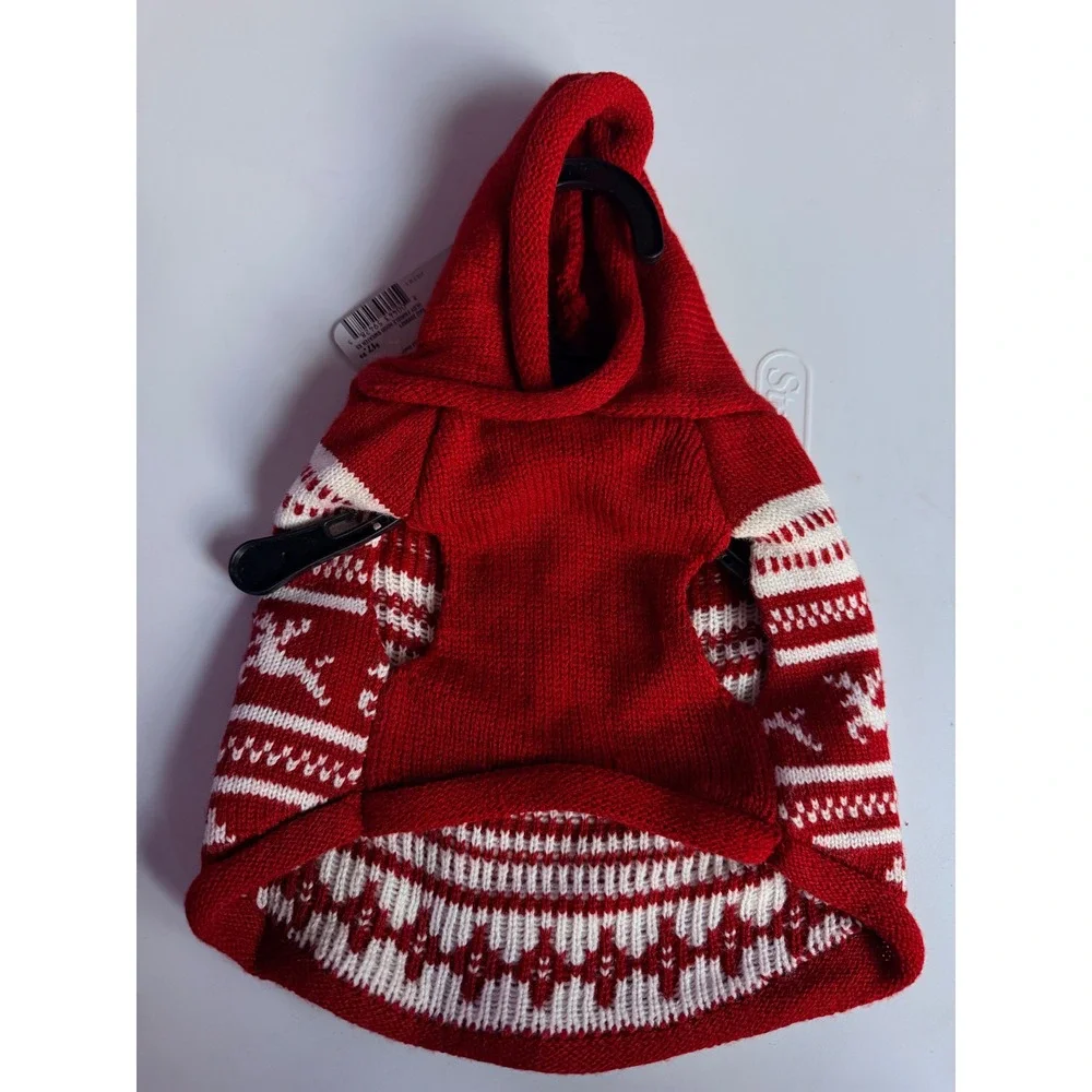 More & Merrier Fair Isle Pet Hoodie XS Red New Holiday Reindeer Dog Sweater